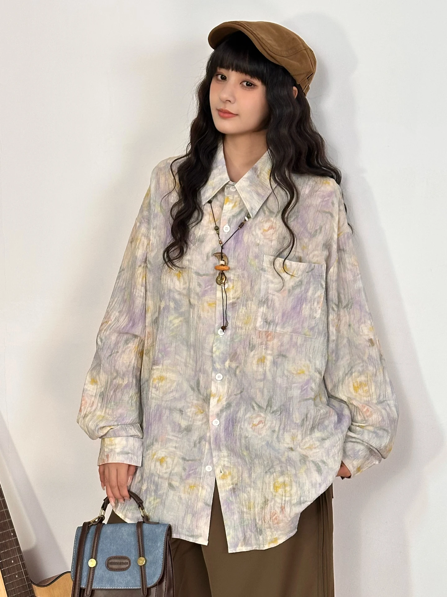 

Loose Casual Long Sve irt Women's Oversize Street Sle irt Artistic Fading Lazy Sle Spring Autumn American Retro