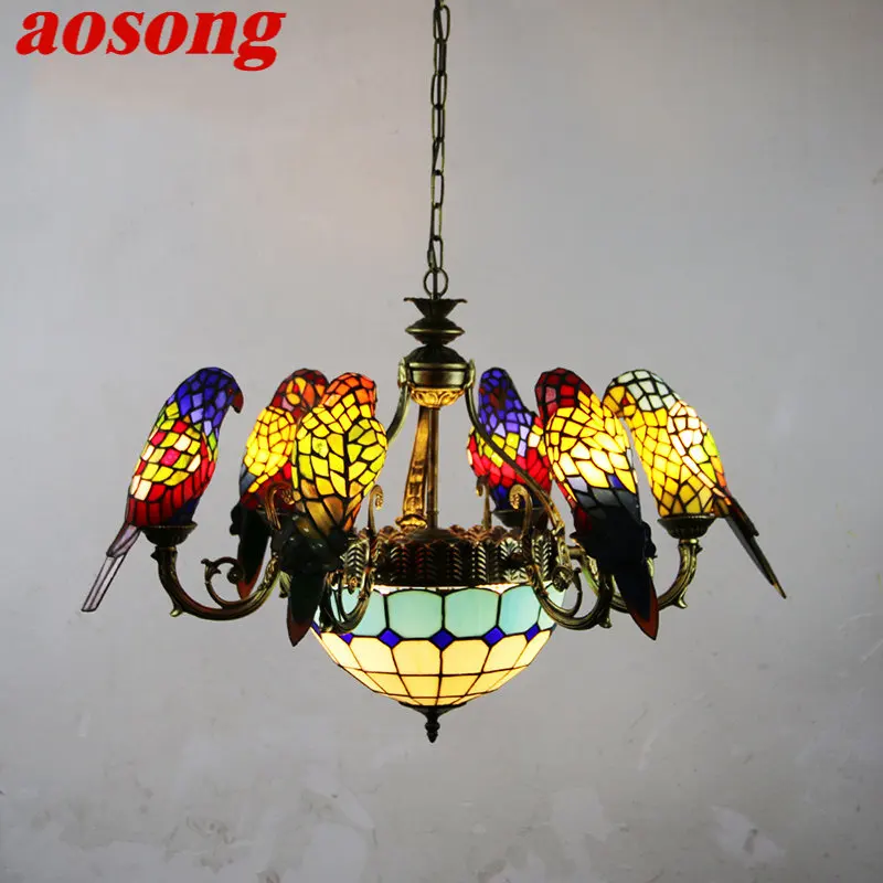 AOSONG Tiffany Parrot Chandelier LED Vintage Creative Color Glass Pendant Lamp Decor for Home Living Room Bedroom Hotel