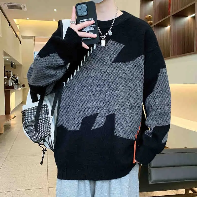 

Panelled Patchwork Sweater Autumn Winter England Style Men New Knitted Chic Round Neck Loose Asymmetrical Printing Pullovers