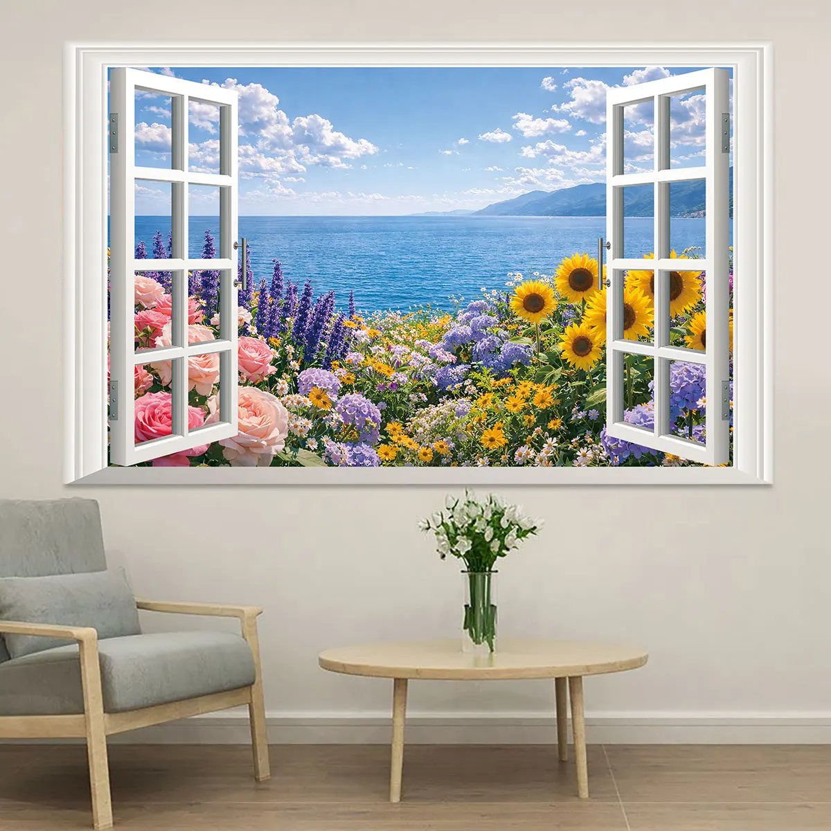 1 piece self-adhesive removable PVC wall sticker view sea flowers when the window is opened Waterproof and moisture-proof