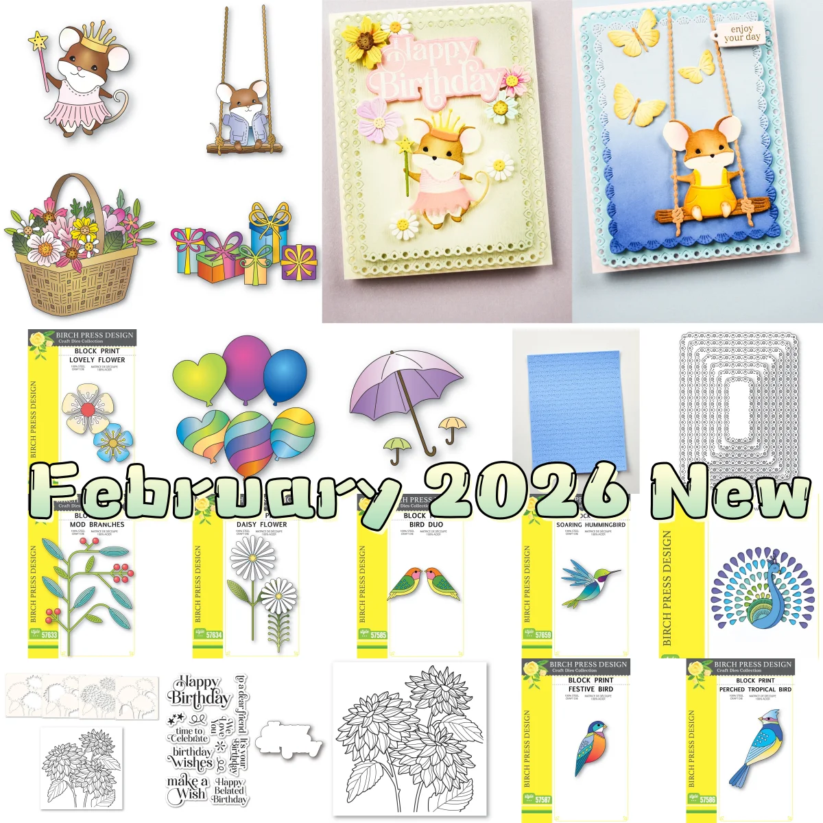 New Birthday Gift Mouse Balloons Flower Basket Umbrella Bird Metal Cutting Dies Hot Foil Stencil for DIY Scrapbook February 2026