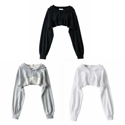 Womens Long Sleeve Loose Super Crop Top Harajuku Hip-Hop Dance Solid Color Basic Sexy Cutout Cropped Hoodie Sweatshirt DropShip