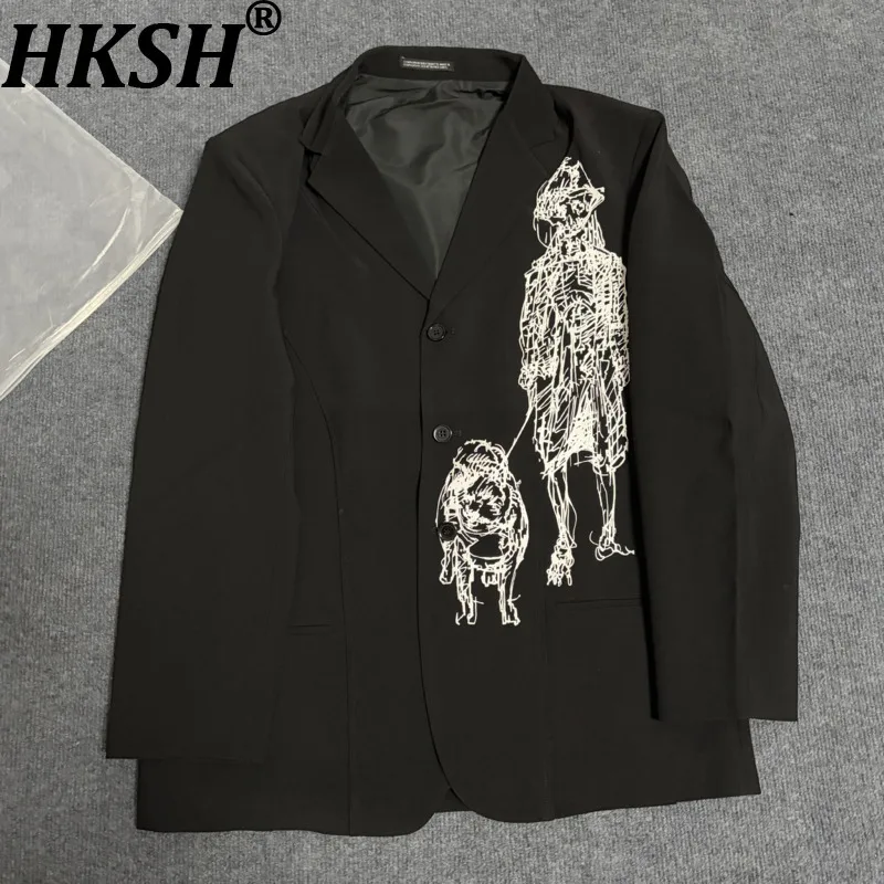 HKSH Spring Autumn New Men Tide Chic Ins Dark Blazer Yamamoto Wool Coat Featuring Print Fashion Y2K Punk High Street Top HK28568