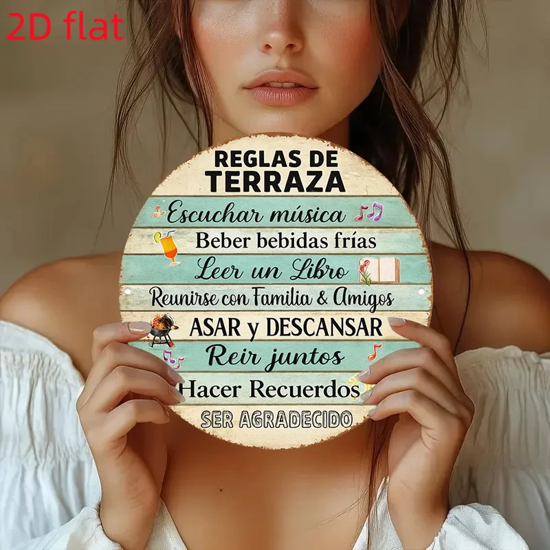 Vintage Reglas De Terraza Spanish Round Metal Tin Sign,Aluminum Wall Plaque Decor Patio Backyard Garden Home Wall Art Decoration