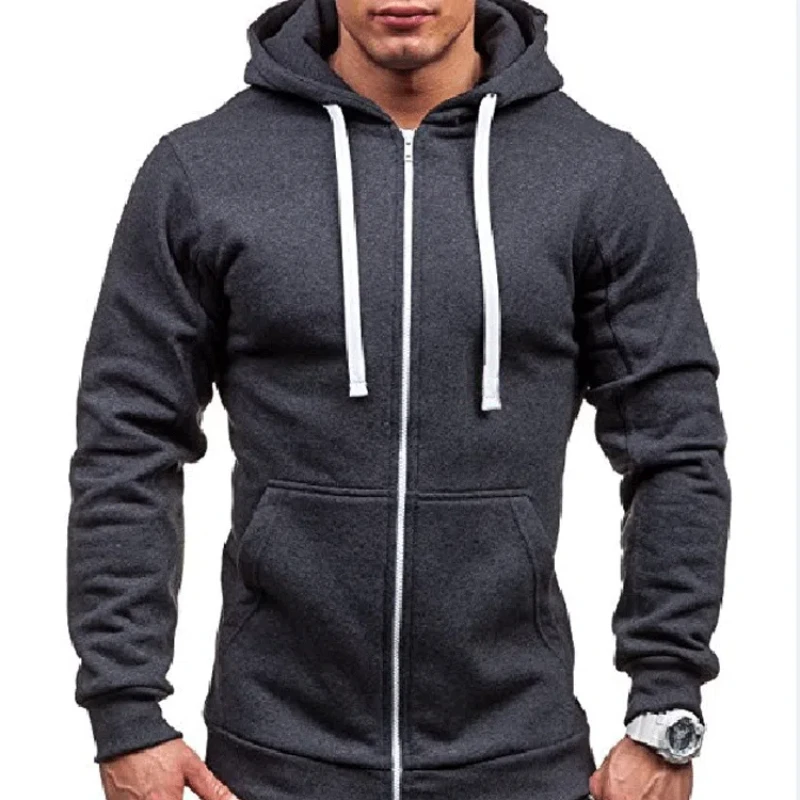 Spring Autumn New Fashion Solid Color Hooded Long Sleeve Cardigan Man High Street Zipper Patchwork Pockets All-match Sweatshir