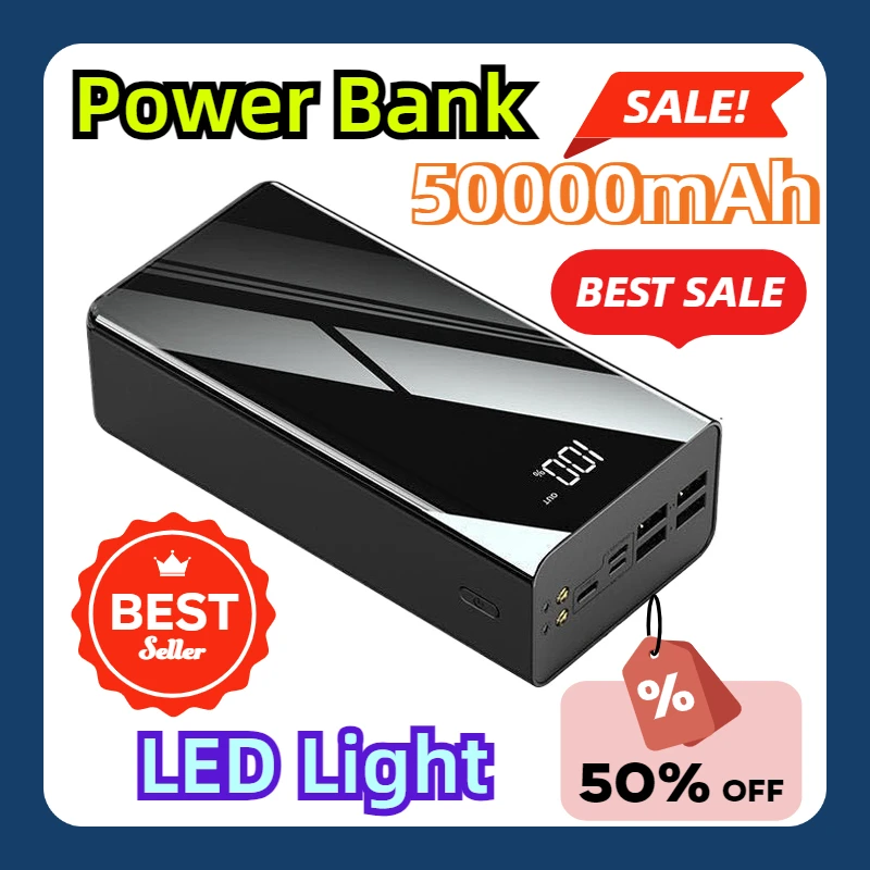 For IPhone 15 14 Xiaomi  External Battery Pack Portable Charger Powerbank with LED Light 50000mAh High Capacity Power Bank