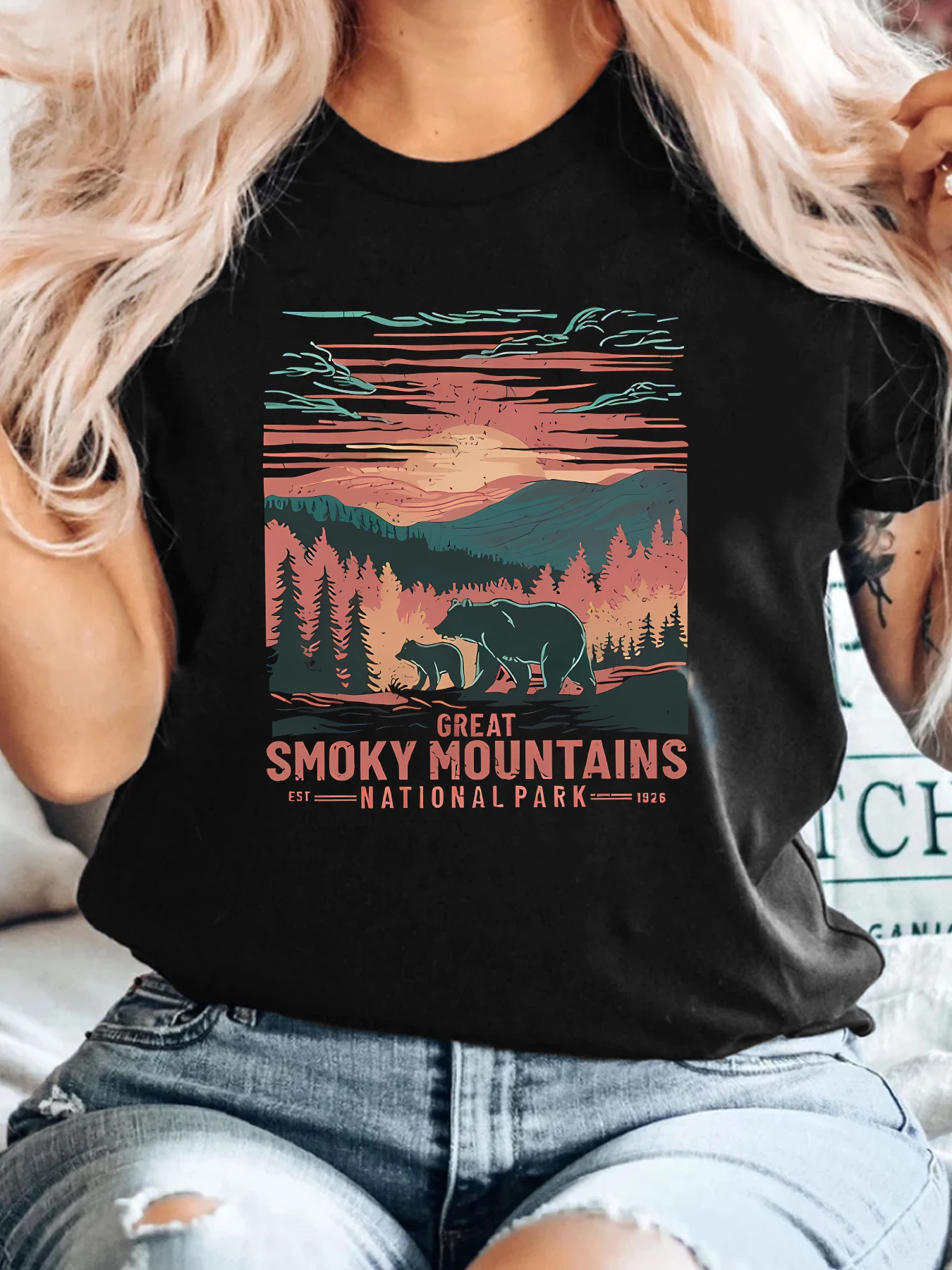 

Sunset scenery and bear pattern print women's T-shirt summer women's T-shirt fashion trendy women's art round neck top