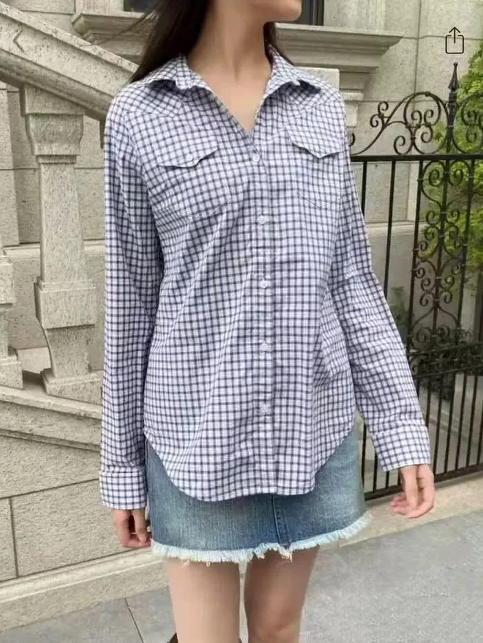 Poches marine Plaid Blouse femme printemps col rabattu simple boutonnage chemises amples femme Vintage Streetwear coton Blouses