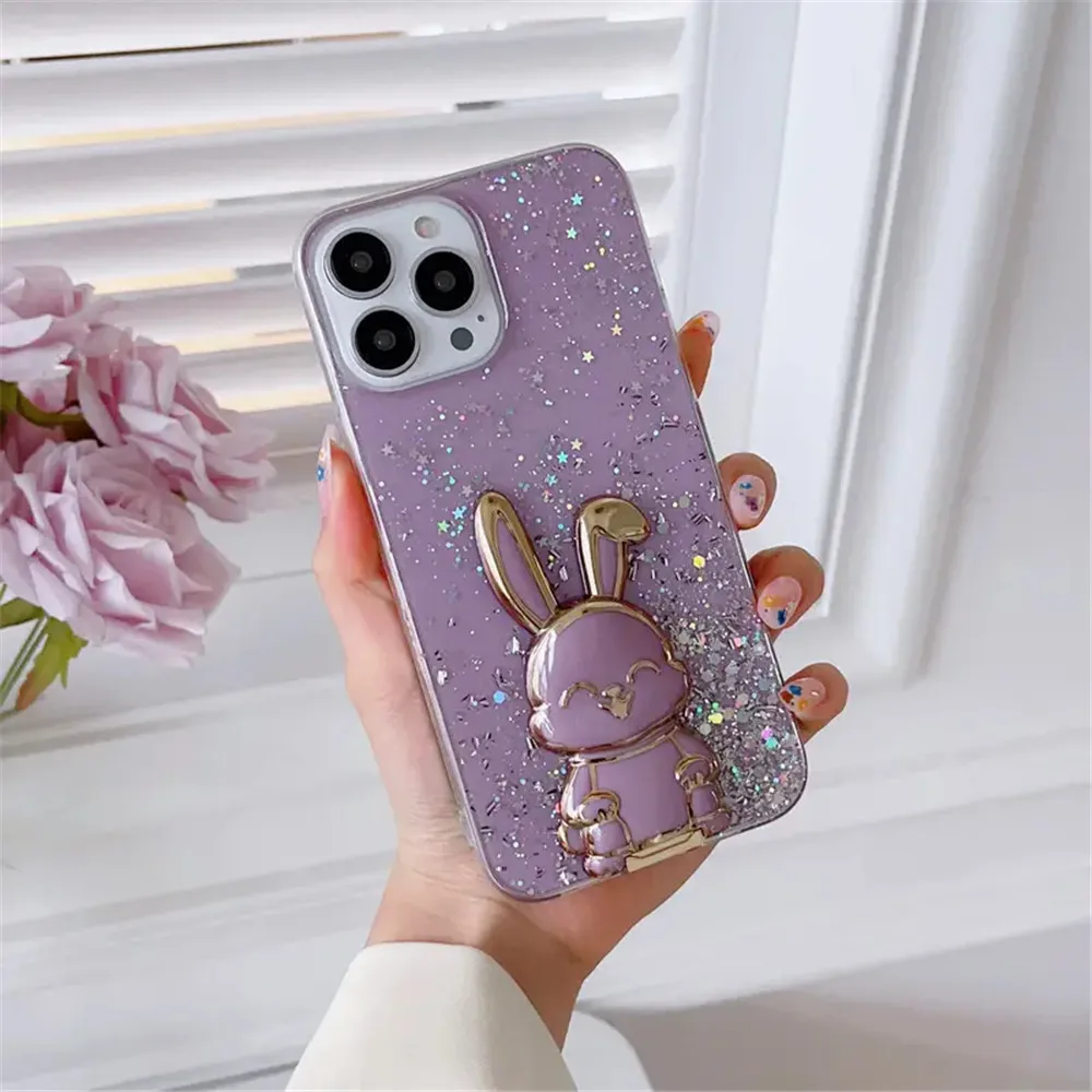 Fashion Glitter Rabbit Stand Phone Case For Samsung A15 A25 A05 A05S A54 A34 A14 A24 A04S A13 A53 A23 A33 A12 A52 A72 Soft Cover