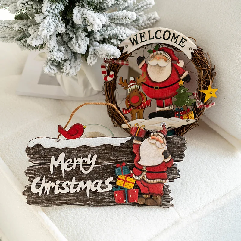 American Retro Christmas Welcome Door Plate Door Hanging Wooden Old Man Snowman Decorations Christmas Rattan Ring Wall Hanging