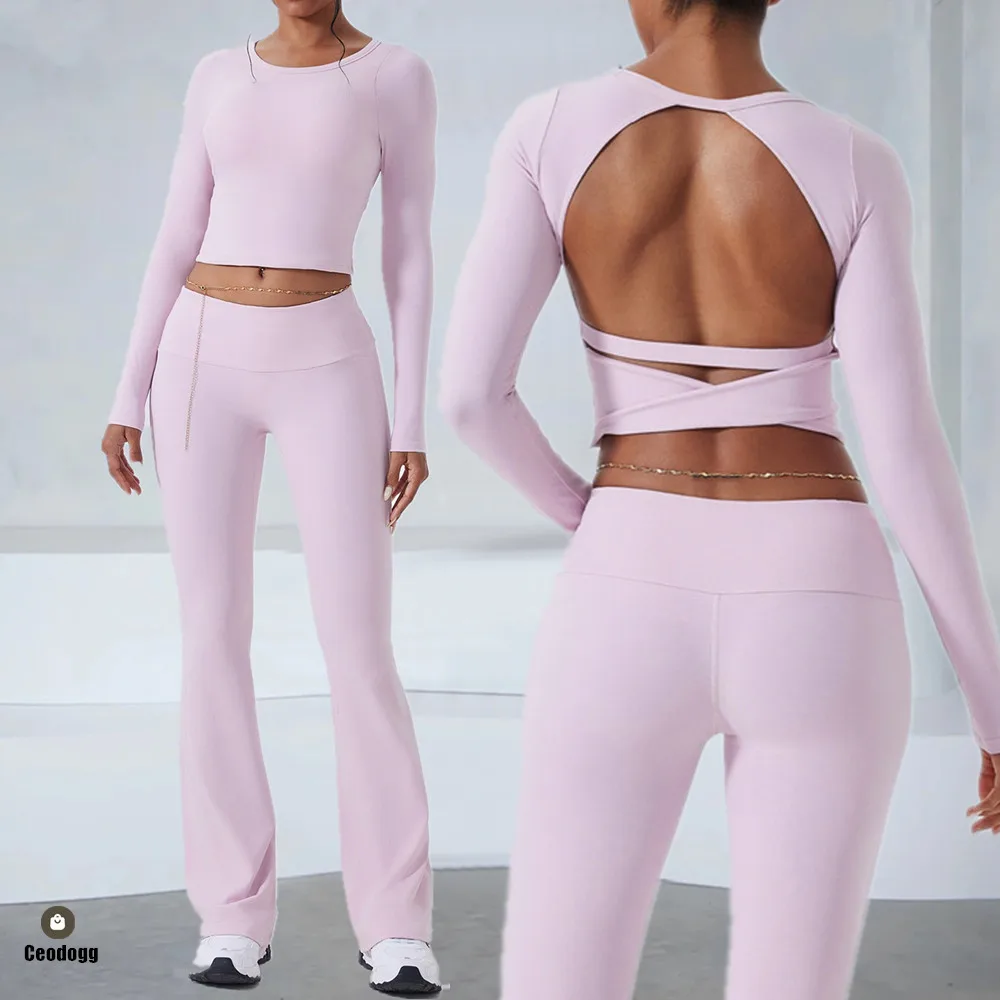 

Pad Фитнес Женский Спортивный Костюм Йога Комплект Спортивная Одежда Тренировки Спортивные Укороченные Топы Рубашка Расклешенные Брюки Тренажерный Зал Активная Одежда Костюмы XP69