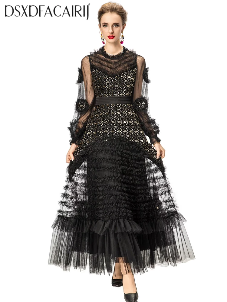 DSXDFACAIRIJ فستان ماكسي نسائي برقبة دائرية ترتر مطرز بأكمام واسعة وكشكشة فستان شبكي عتيق لأزياء الخريف