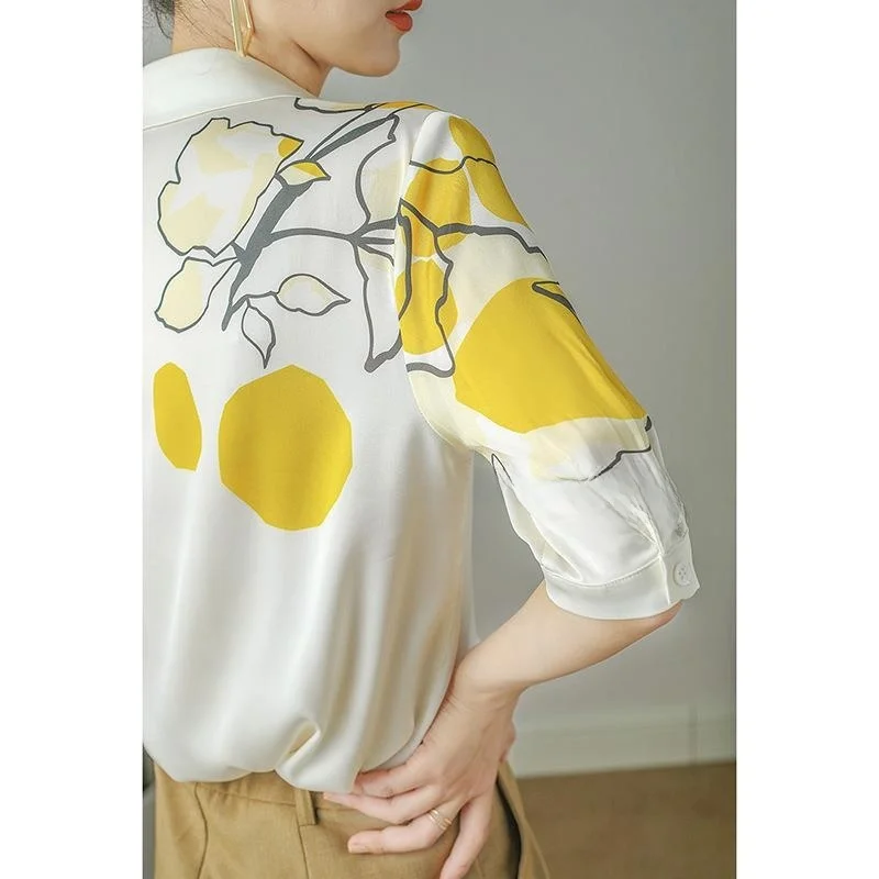 

High-End Women's Pure Silk irt Summer New ort-Sved Commute Sle Thin Polyester Fabric Flip-Collar irt for Ladies