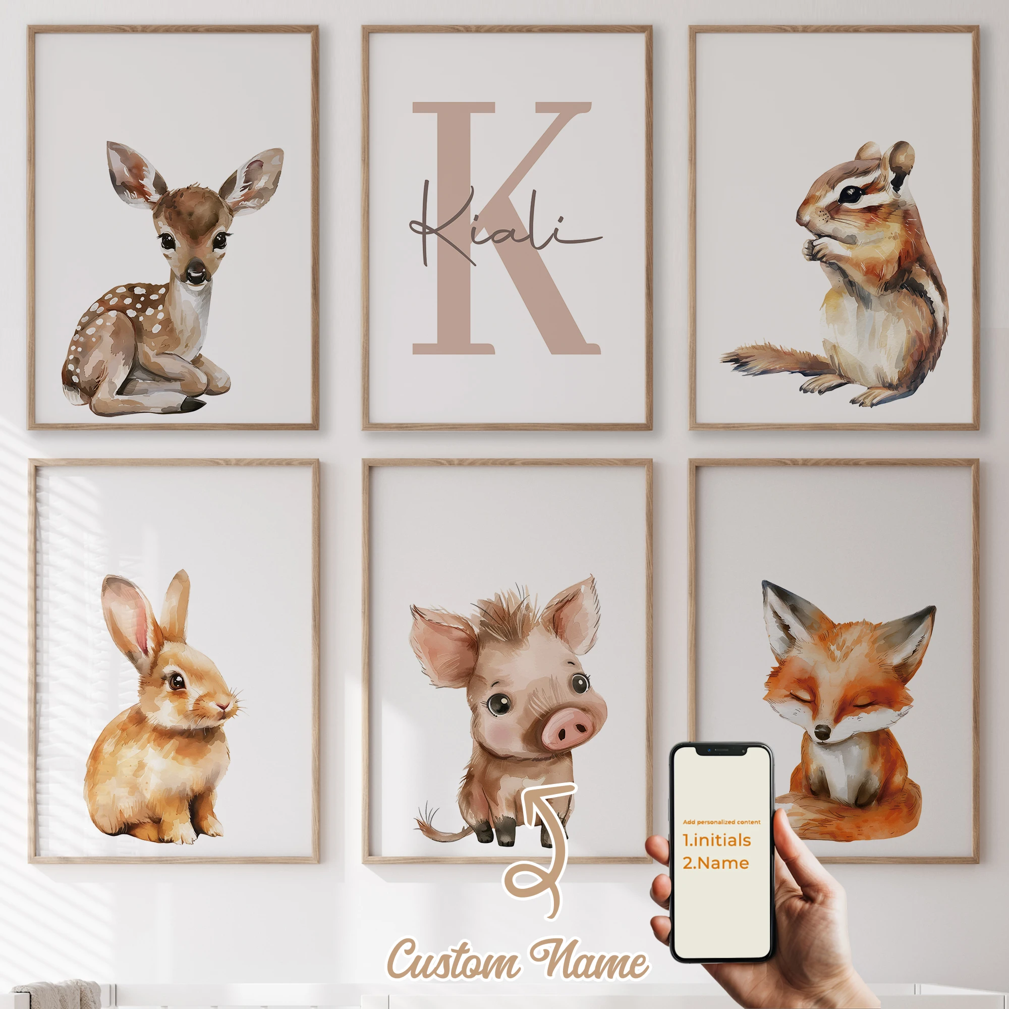 

3Pcs/6pcs Personalized Custom Name Cute Cartoon Animal Deer Wall Art Print Picture For Living Room Kids Boy Room Home Decor Gift