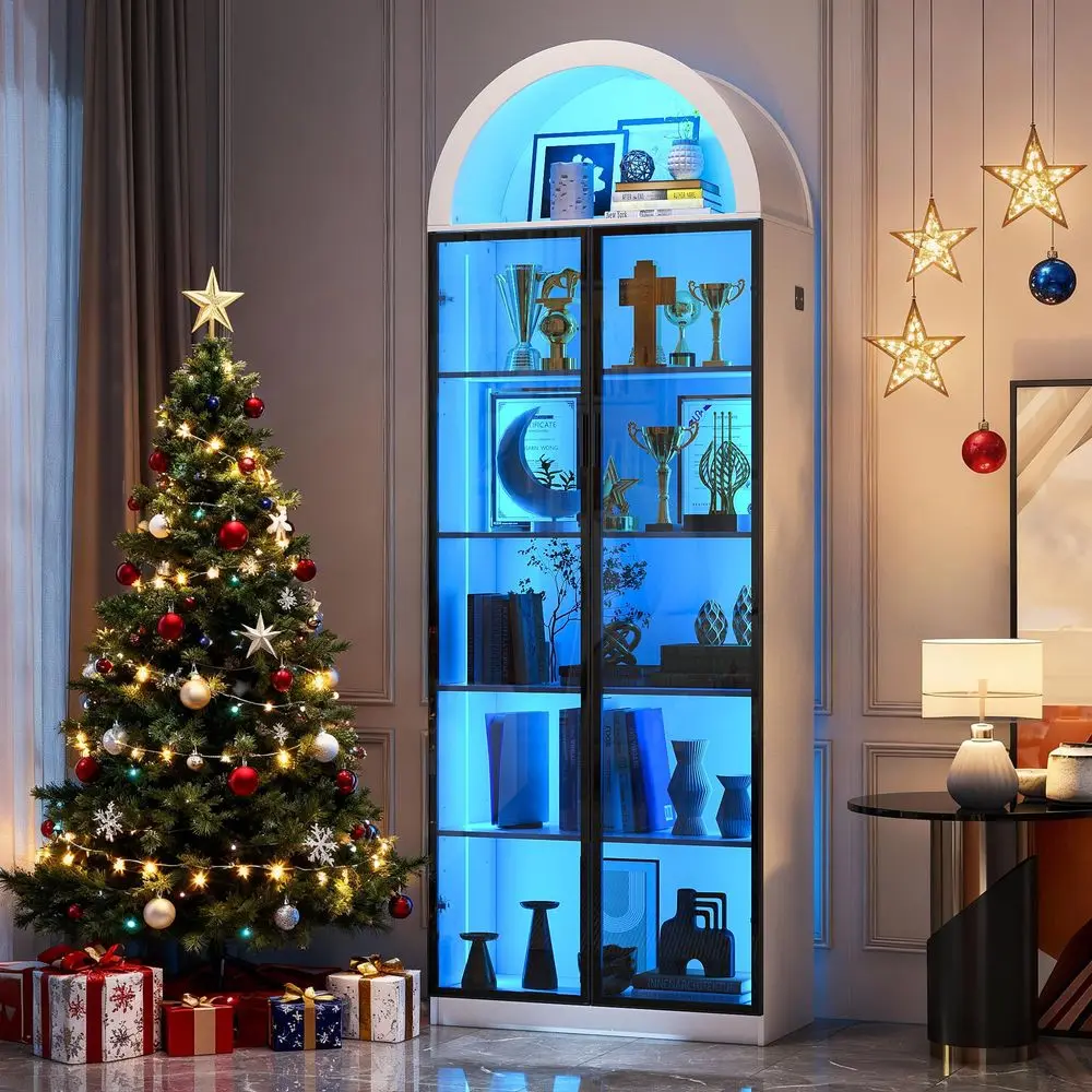 Display Cabinet with Doors and Adjustable Shelves, 76 Tall Display Case with LED Lights Arch Storage Space, 6 Tier Bookcase for