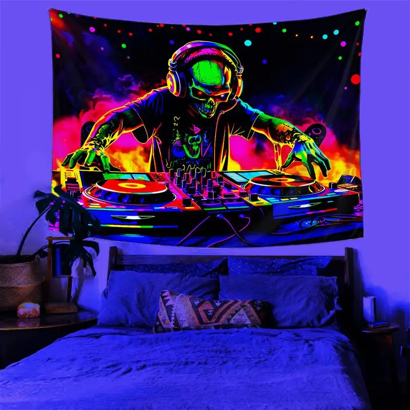VIKAMA Skeleton DJ Discs Neon Spot Psychic Tapestry Background Hanging Cloth Electronic Music Party Trendy Cool Room Decoration