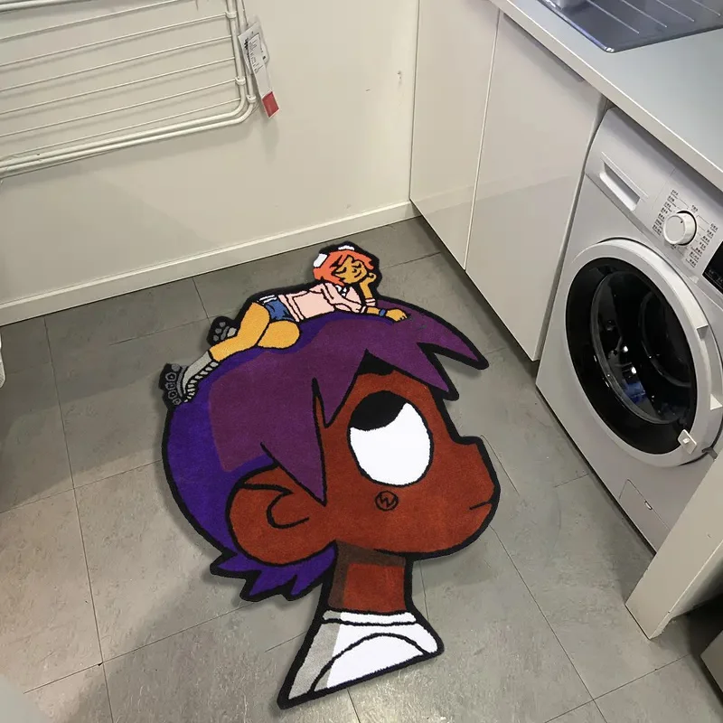 VIKAMA Cartoon Anime Character Irregular Rug Purple Hair Boy Head Shape Fluffy Non Slip Creative Floor Mat Room Bedroom Decor