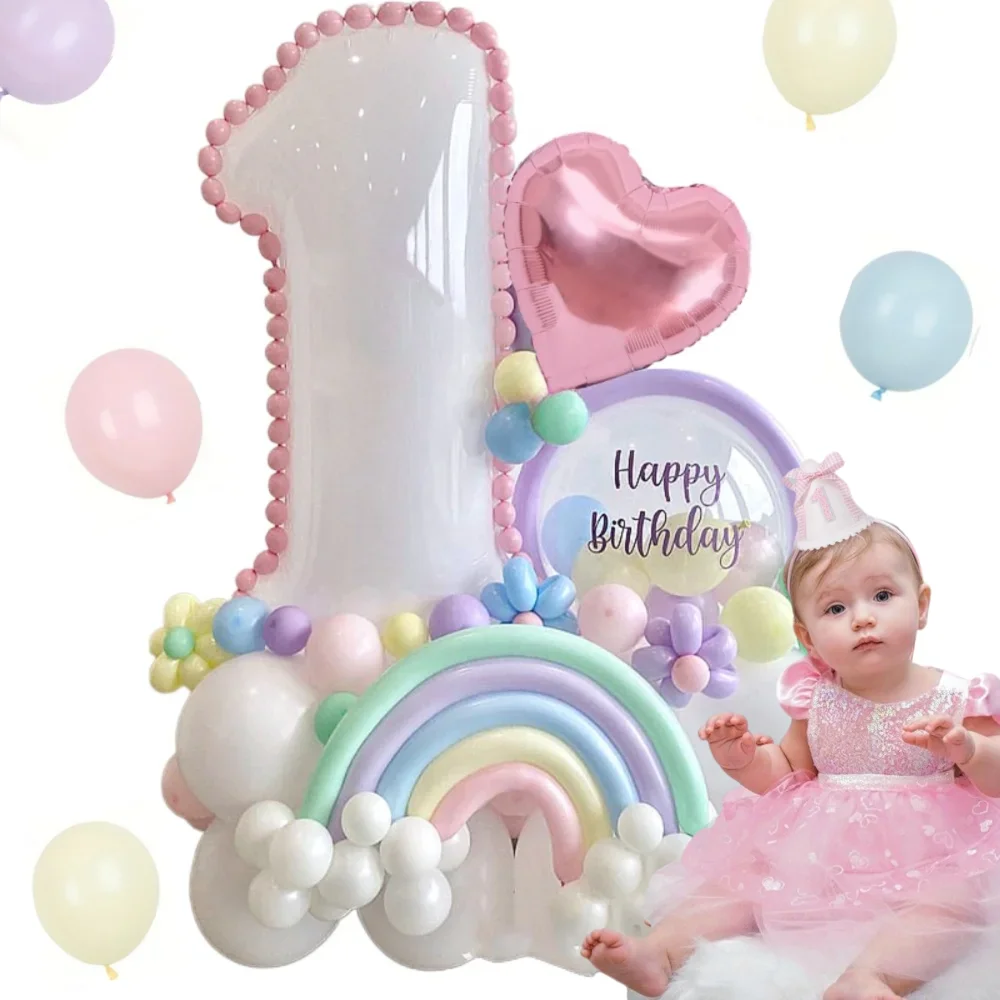 Globos de aluminio blanco brillante con números de cumpleaños para niñas, diseño de rayas arcoíris, el regalo perfecto para una celebración especial de una niña