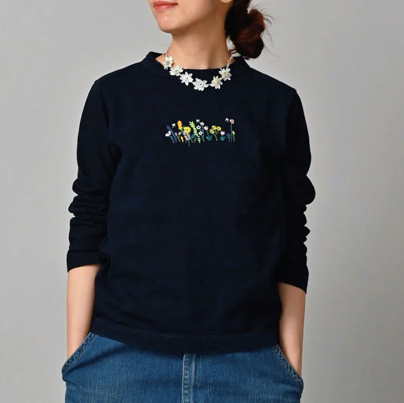 

Японская футболка Sle Long Sve с вышивкой из бамбука и хлопка, удобная утягивающая новая осенне-зимняя футболка с цветочным принтом