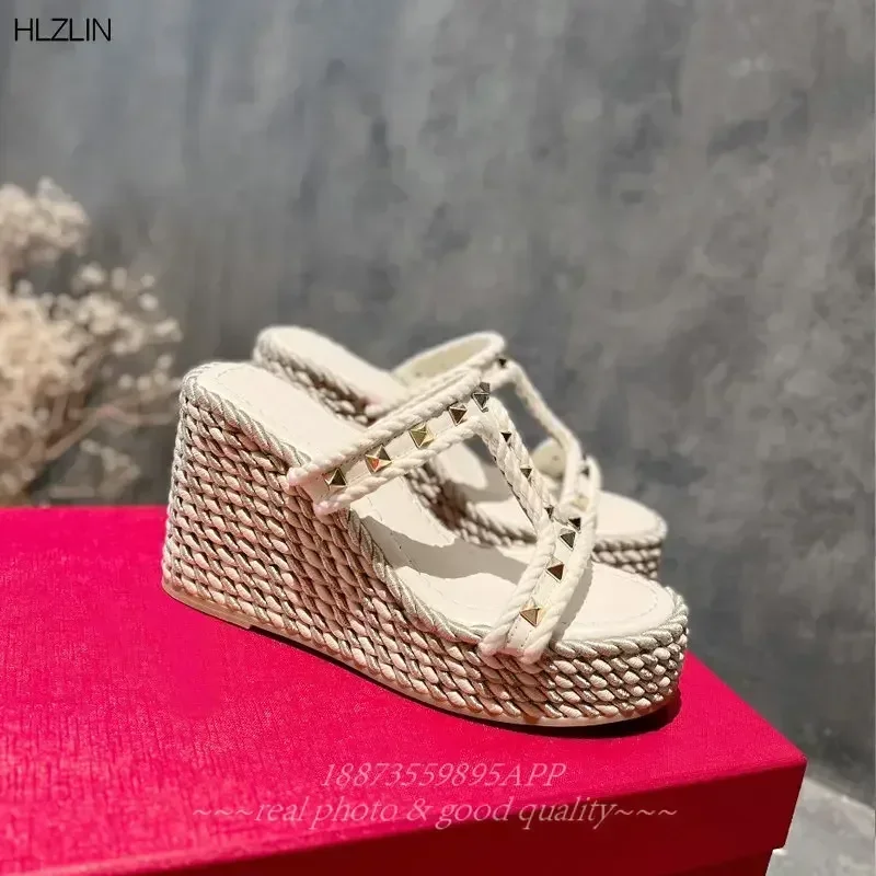 

Women's sandals wedge heels high heel sandals hemp rope woven fashion rivets high-quality comfortable sandals waterproof table