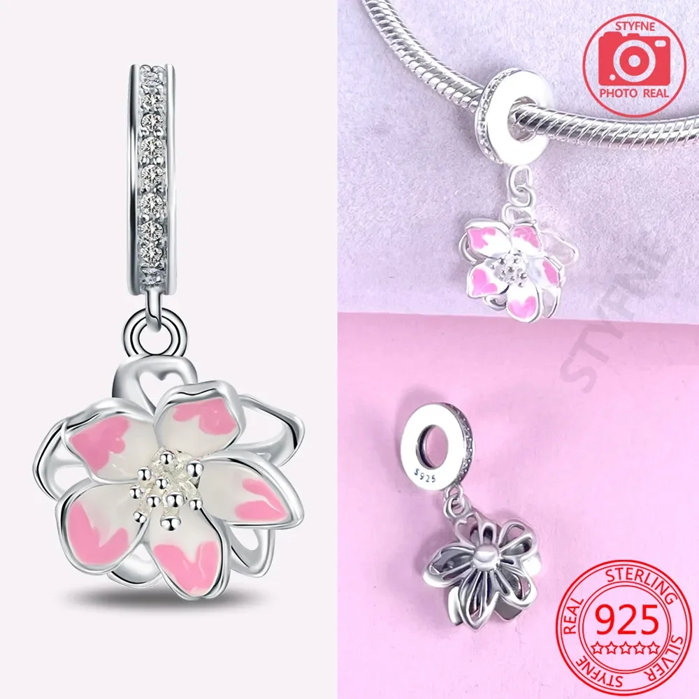 Abalorios de flor de cerezo rosa para mujer, Plata de Ley 925, anillos de flores románticos, Pulsera Original DIY, joyería fina para regalo