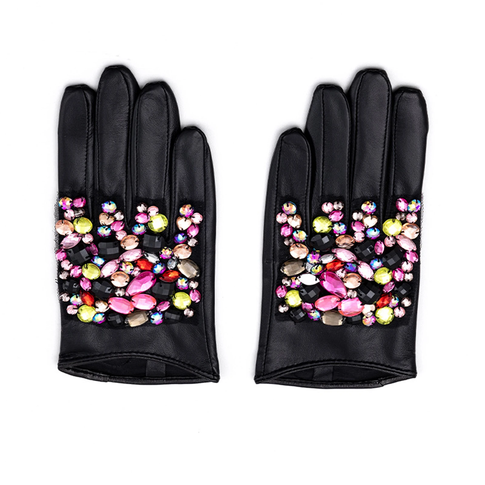 Women's Black Real Leather Gloves with Rhinestones Beaded Short Gloves Genuine Goatskin Solid Soft Touchscreen Winter Warm Glove