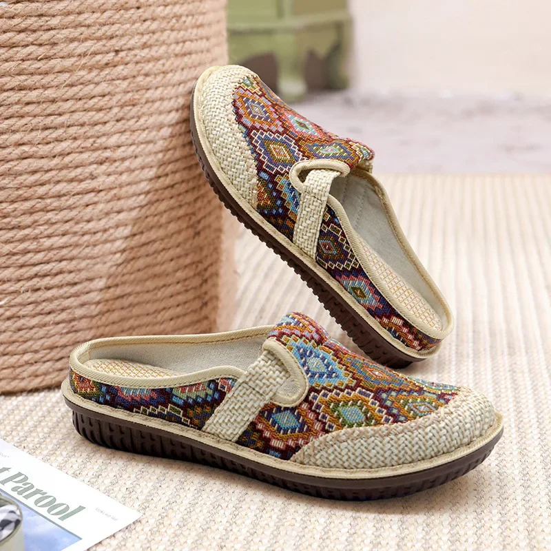 Women Slipper Ethnic Embroidery Summer Flat Shoe Linen Wedge Cloth Shoes Soft Sole Walking Elderly Sandal Ladies Slip-on Muller