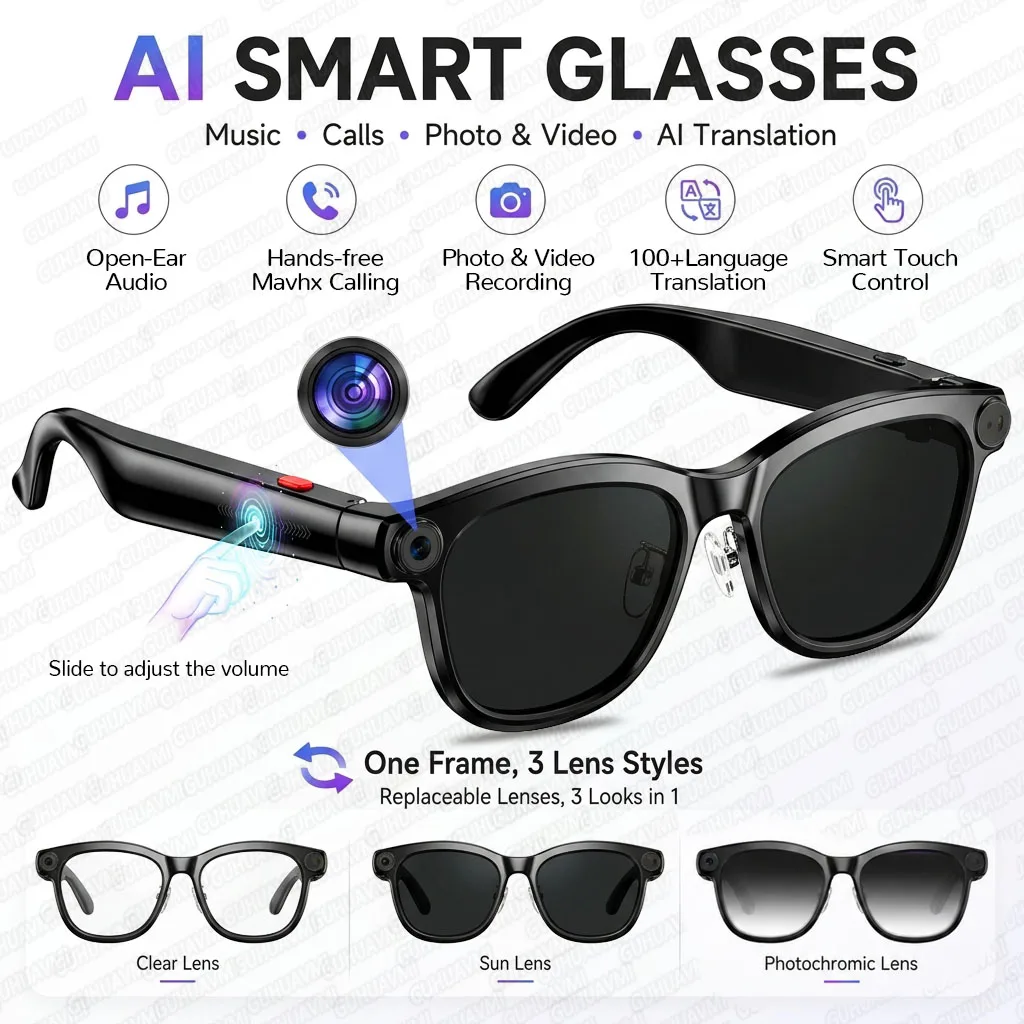 New Hot Sale AI Smart Glasses with Camera 1080P EIS Video Bluetooth Music Translation ChatGPT Open-ear Audio Color Change Glasse
