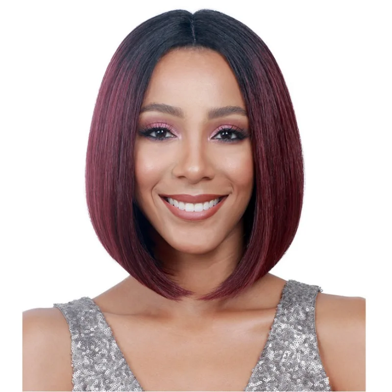 European and American women's middle-part bob wig, synthetic hair, dyed black gradient wine red short hairpiece