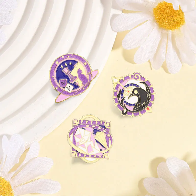 Fantasy Occult Divination Cat Crow Moon Enamel Pin Mystical Magic Purple Pink Gold Geometric Crystal Brooch Gothic Jewelry Gifts