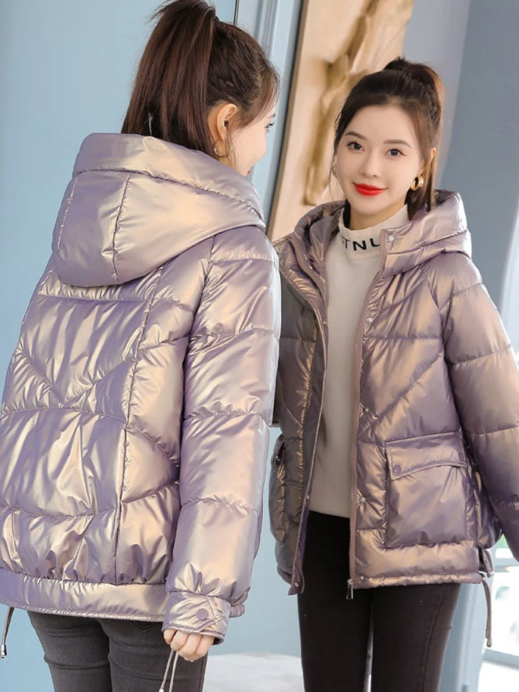 Winter Jacket Women 2025 New Glossy Down Cotton Jacket Hooded Parka Warm Cotton Padded Jacket Casual Outwear Female Tops