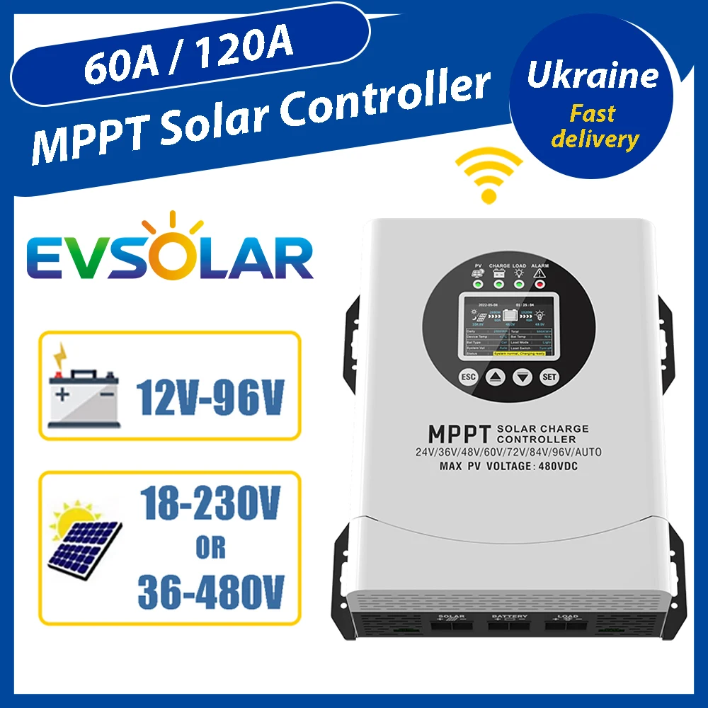 EVSOLAR 60A/120A MPPT Regulator Ładowania Solarnego, Wejście Paneli Fotowoltaicznych 36-480V lub 18-230V, Z Opcjonalnym Wi-Fi, Bateria 24-96V, Obsługa Litowa, Wysoka Wydajność, Magazyn w UE z dostawą