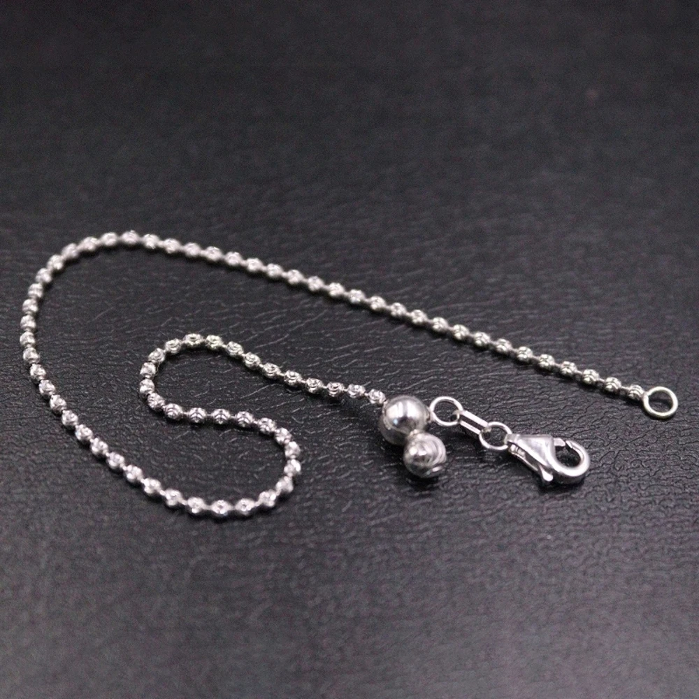 Real Pure 18K White Gold Chain Women 1.6mm Carved Beads Link Adjust Bracelet 2.77g