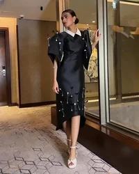 Black Satin Evening Dresses Saudi Arabic Prom Dresses V Neck Half Sleeves Feathers Asymmetric Women Elegant Party Dress