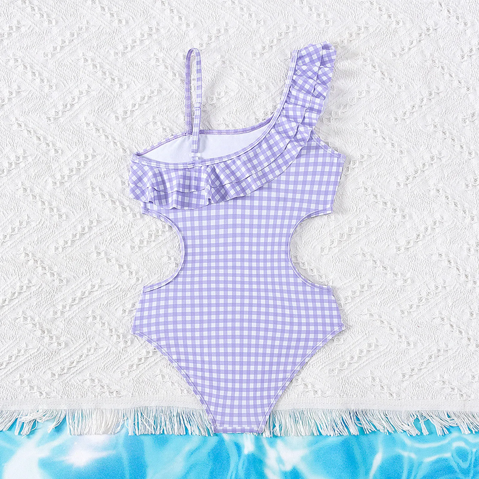 Teenage Girls Swimsuit Fashion Slanted Shoulder Plaid One Piece Swimwear 5-14 Years Kids Swimsuit Ruffled Swimwear Beachwear