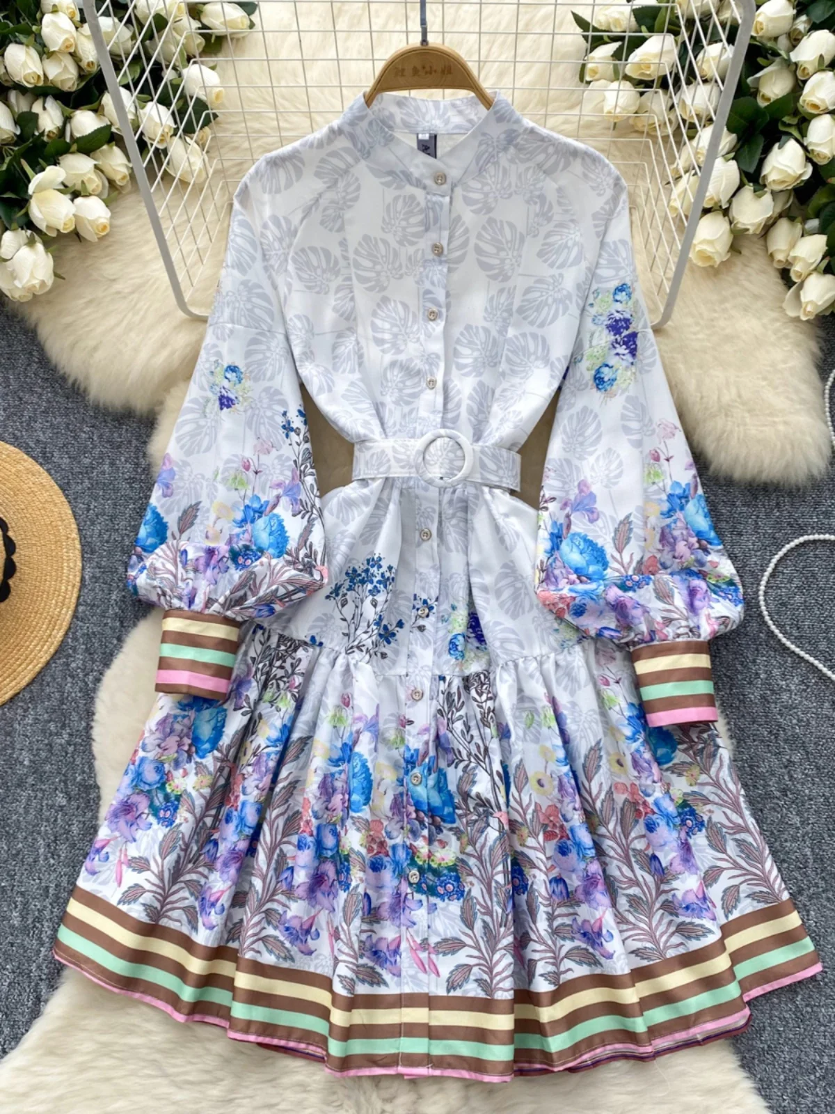 Gagaok 2024 Autumn Dresses Women America Retro Stand Collar Lantern Sleeve Print Midi Dress Casual Slim Waist Vestidos De Mujer