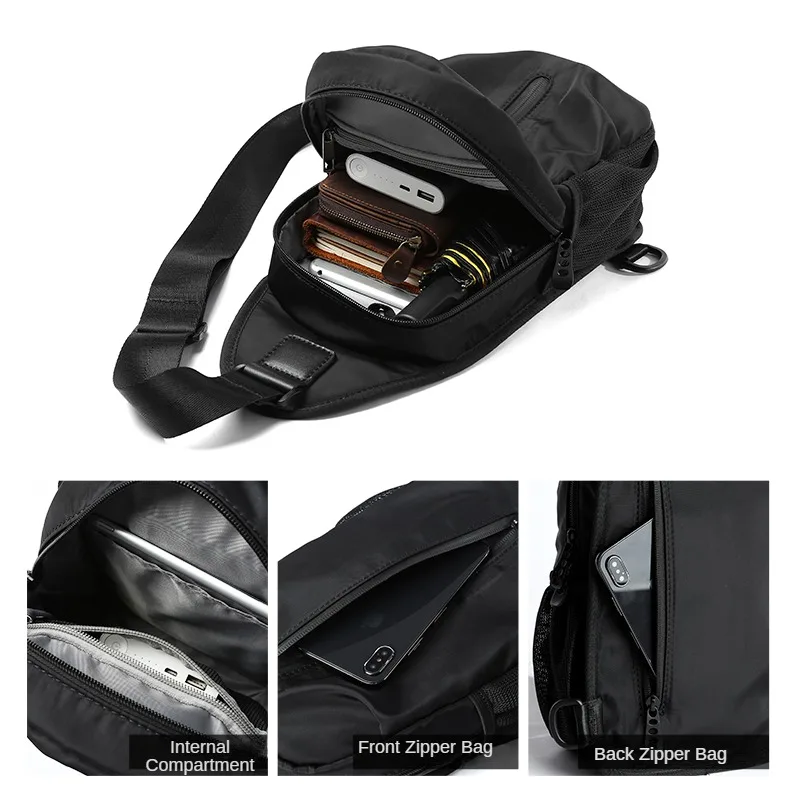 Waterproof Chest Bag Pouch for Man Nylon Casual Commute Simple 9.7\'\' iPad Sling Bag Multi-Functional Zipper Anti Theft Bags