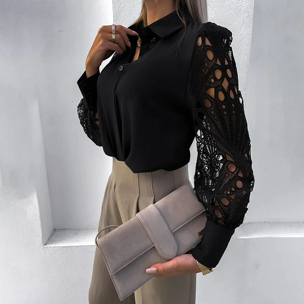 White Lace Patchwork Shirt Top Woman Spring Summer Casual Long Sleeve Shirts For Women 2024 Vintage Hollow Out Button Blouses