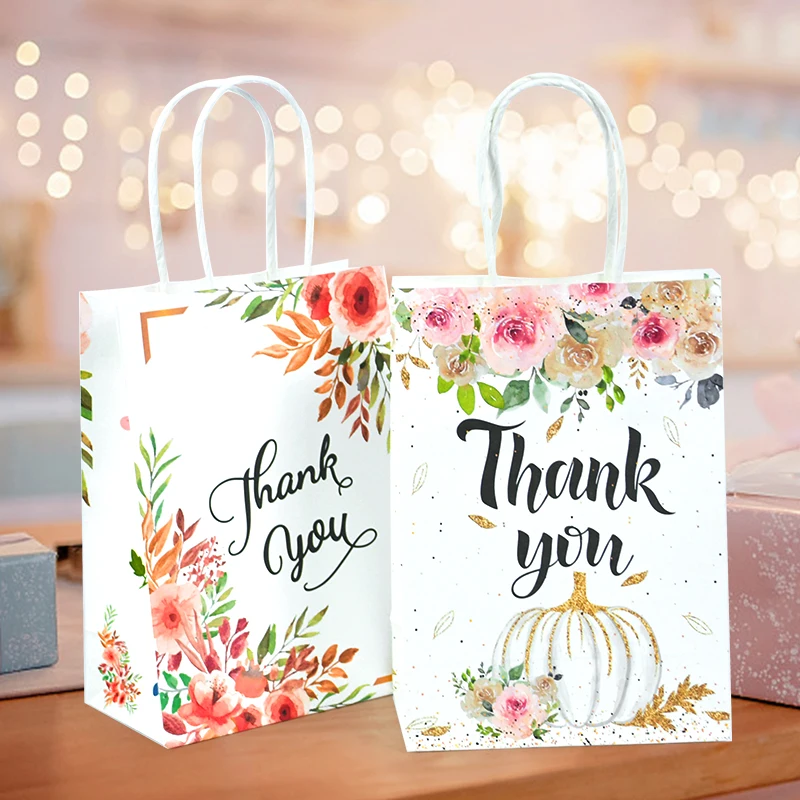 

10Pcs Thank You Paper Gift Bags Flower Snacks Candy Biscuit Bag Wedding Gift Packaging Birthday Party Decoration Supplie