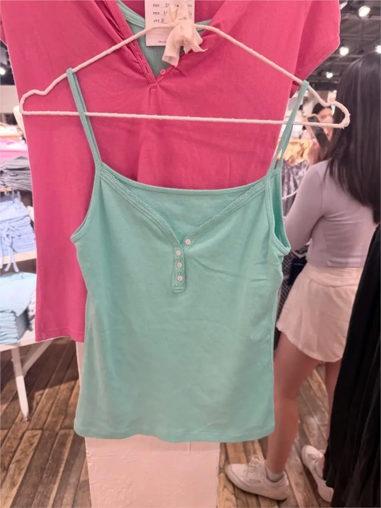 Teal V-neck Buttons Tank Tops Women Summer Simple All-match Chic Slim Cotton Camisole Female Vintage Sweet Preppy Style Vest Y2K