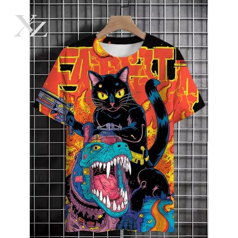 High Quality Men's Funny 3D Fantasy Animal Cat Dinosaur Print T-Shirt, Loose Short Sleeve Cartoon Tees for Men, Outdoor Casual