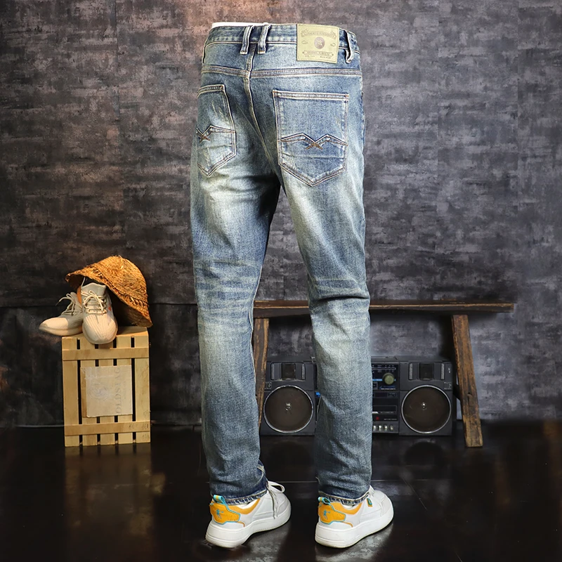 Italian Style Fashion Men Jeans Retro Blue Stretch Slim Fit Ripped Jeans Men Elastic Trousers Vintage Designer Pants Hombre