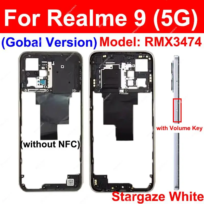 For Realme 9 5G Global RMX3474 Middle Frame Housing Cover Holder Bezel with Side Button with/without NFC Parts