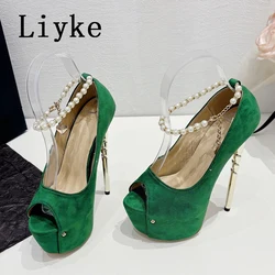 Liyke Fashion Design String Bead cinturino alla caviglia donna Platform Pumps Sexy Peep Toe tacchi alti estremi scarpe da spogliarellista da sposa verde