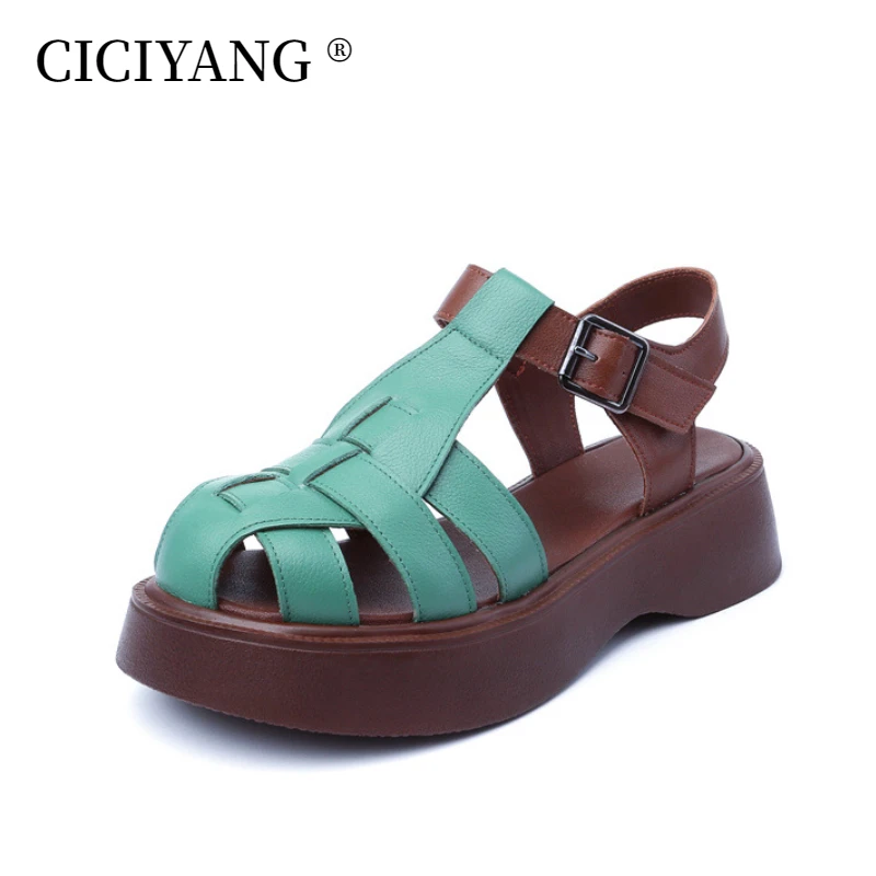 

CICIYANG Sandals Women Summer 2024 New Genuine Leather Baotou Roman Sandals Ladies Retro Hollow Woven Women Gladiator Sandals 43