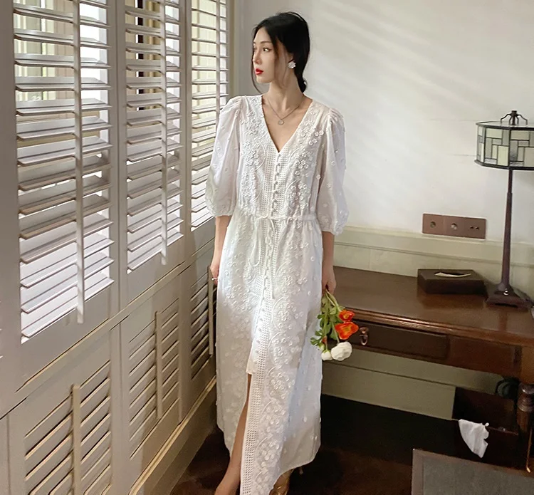 Bohemian Beach Dress 2024 Spring Summer Style Ladies V-Neck Allover Appliques Embroidery Tunic Button Elegant Long White Dress