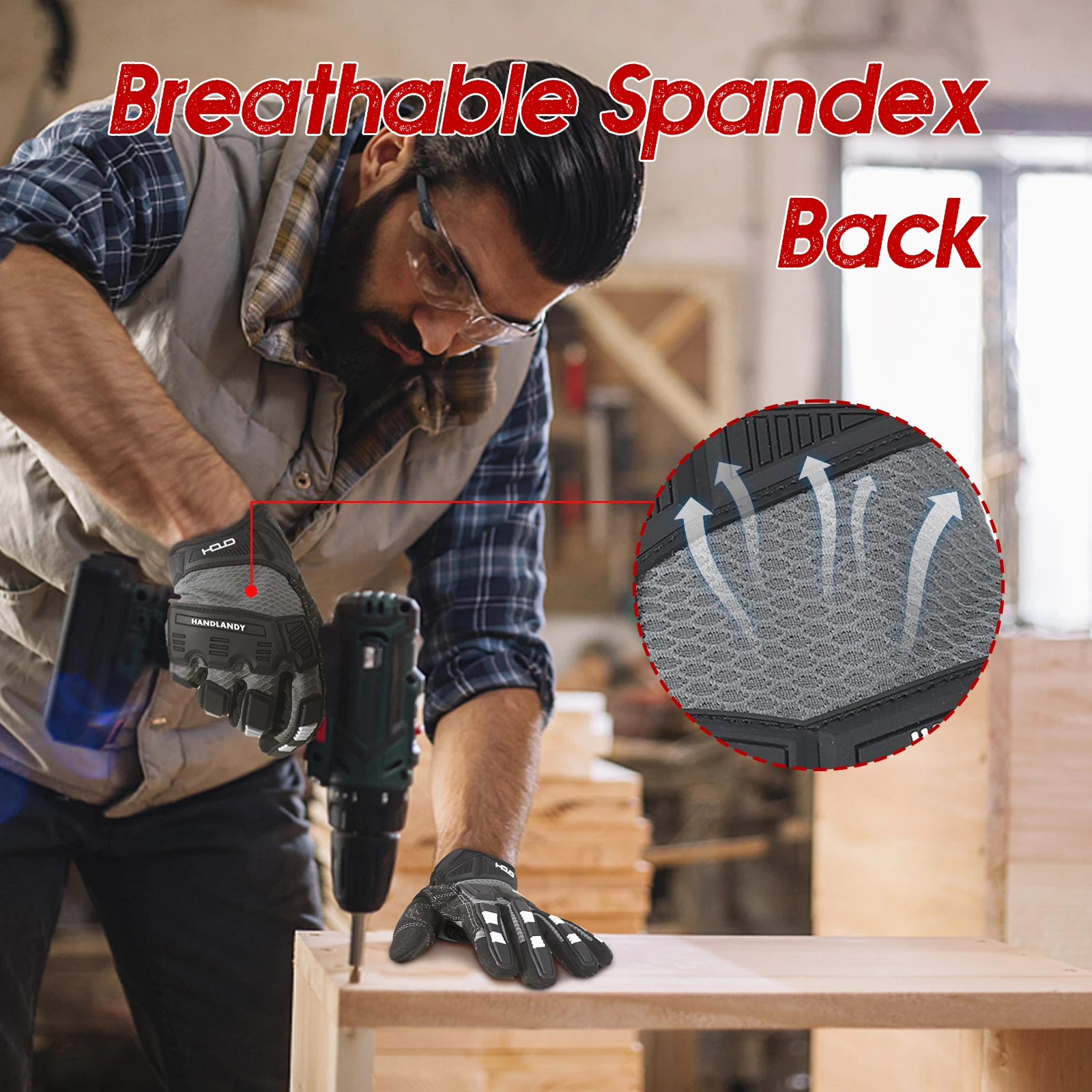 HANDLANDY 충격 감소 작업 장갑, 그립이 있는 고강도 작업 장갑, 터치스크린 통기성 안전 정비 장갑