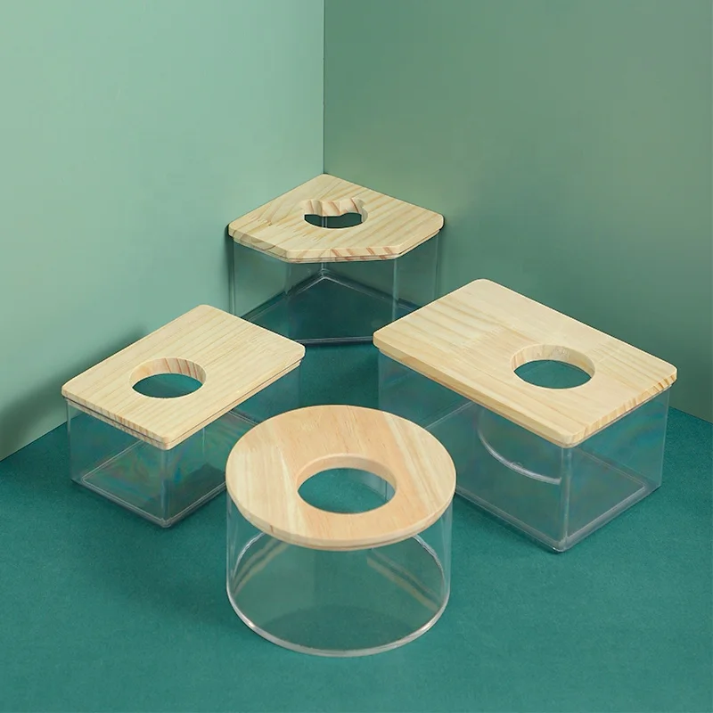 Multiple Shapes Transparent Acrylic Syrian Hamster Guinea Pig Bathroom Toilet Cleaning Box with Wooden Lid Hamster Cage