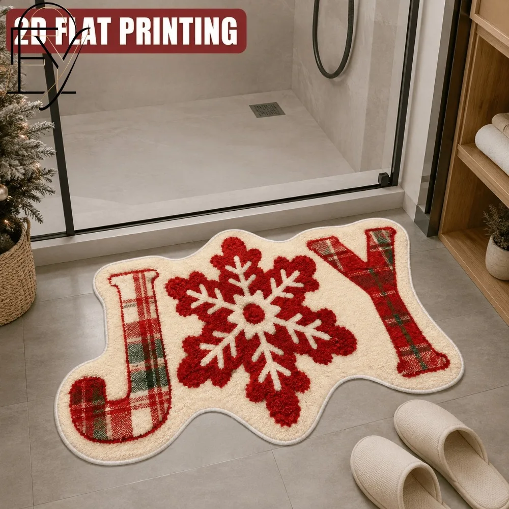 Shaped Area Carpet Flannel Christmas JOY Lettering Plaid Snowflake Bath Mat Shower Door Entrance Holiday Floor Rug