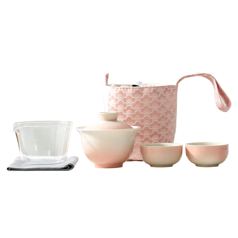 HYS ceramic gradual change express cup outdoor travel portable one pot two cups cover bowl Chinese tea set car tea set